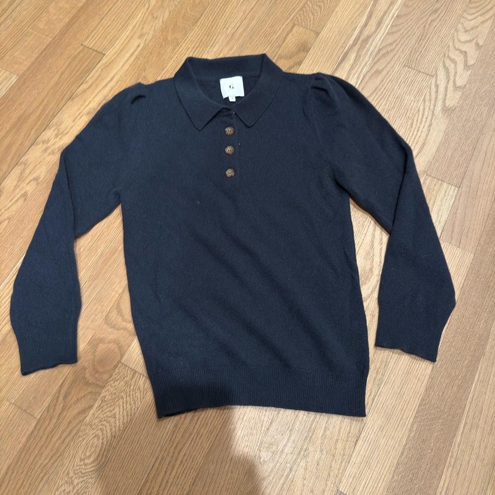 G.  label (GOOP) Navy Cashmere Long Sleeve Collared Sweater